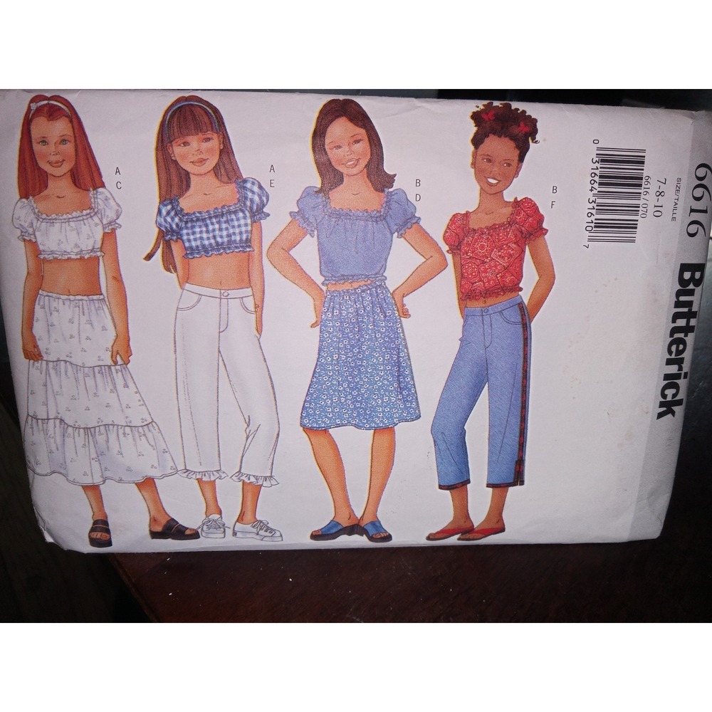 6166 Butterick Vtg SEWING Pattern Girls Skirt‎ Capri Pants Top Shirt Crop 7-8-10